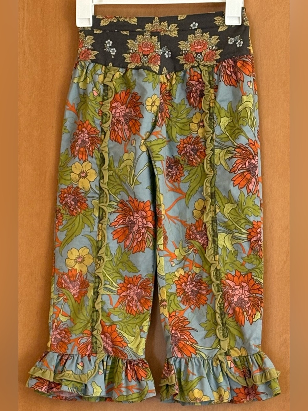 Matilda Jane Sky Blue Floral Ruffle Pants with Orange & Green Accents